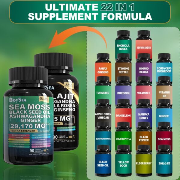 Boysea.Shilajit and Sea Moss Bundle- 90 Count - Sea Moss 7000mg, Black Seed Oil 4000mg, Ashwagandha 2000mg, Ginger & Shilajit 9000mg, Rhodiola Rosea 1000mg, All in 1 Supplements (1 Pack) - Image 3