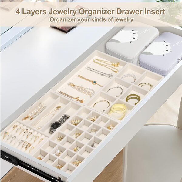 Jenseits 4 Jewelry Organizer Drawer Insert, Stackable Velvet Jewelry Tray Organizer Display Case Storage Containers, Earring Holder Necklace Watch Bracelet Accessary Ring Trays, Gift For Women (Beige) - Image 5