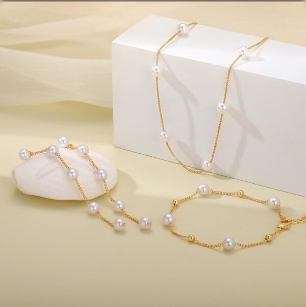 Gold Jewelry Set for Women, Dainty 14K Gold Plated Pearl Necklace and Pearl Earring Set Pearl Drop Earrings Pearl Bracelets Pearl Choker Necklace Wedding Jewelry Set for Gift - Image 7