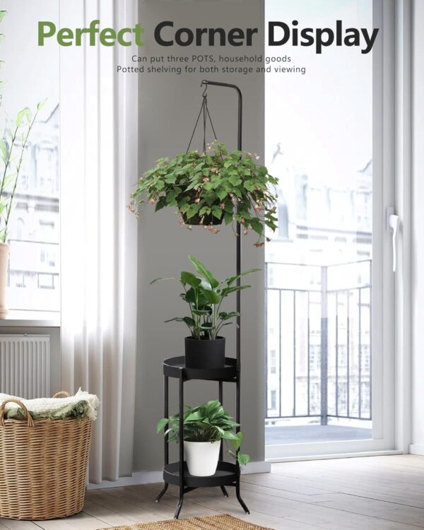 Hanging Plant Stand Indoor Outdoor, Space-Saving Corner Metal Plant Shelf 3 Potted Flower Pot Stand, 2 Tier 61" Tall Modern Planter Holder for Patio Garden Balcony Living Room Bedroom, Black - Image 6