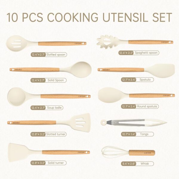 CAROTE Silicone Cooking Utensils Set, Kitchen Utensils Set 10 Pcs for cooking, BPA Free Spatula Set with Heat Resistant Wood Handles for Nonstick Cookware (Cream White) - Image 2