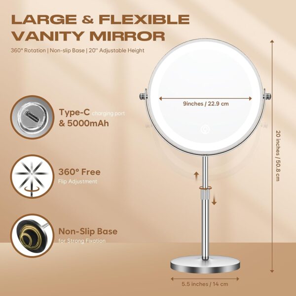 Makeup Mirror with Lights, 1x/20x 360° Rotation Vanity Mirror, Brightness Adjustable Lighted Makeup Mirror with Magnification, 5000 mAh Rechargeable Double Sided Mirror with 3 Colors, Gift for Women - Image 6