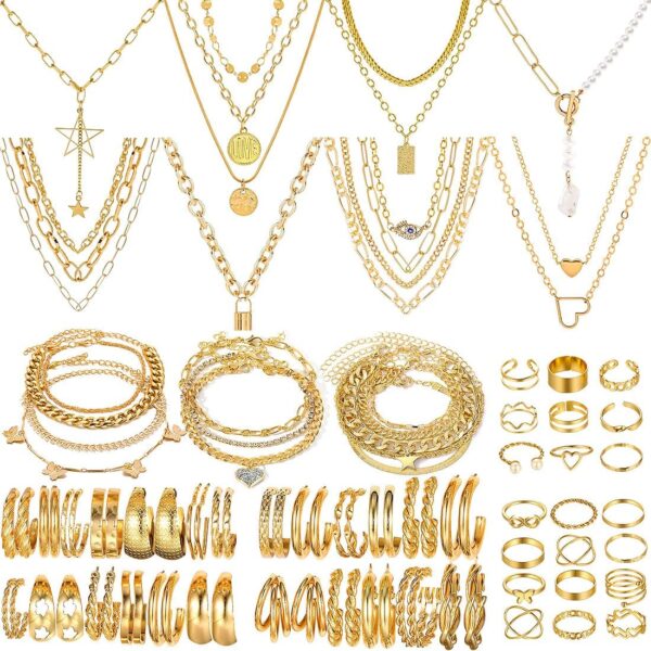 66 Pieces Gold Plated Jewelry Sets for Women Fashion Costume Jewelry Chain Necklace Bracelet Earrings and Rings Sets for Women