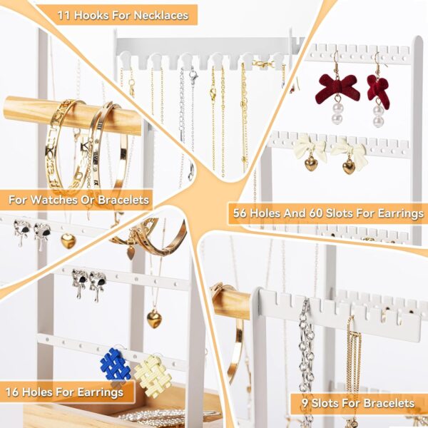 DreamGenius Jewelry Organizer Stand with Velvet Ring Holder, 4 Tier Jewelry Holder Organizer with 11 Hooks for Necklaces and 132 Holes for Earrings, White - Image 5