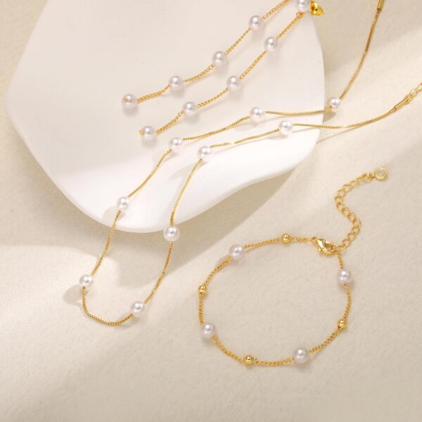 Gold Jewelry Set for Women, Dainty 14K Gold Plated Pearl Necklace and Pearl Earring Set Pearl Drop Earrings Pearl Bracelets Pearl Choker Necklace Wedding Jewelry Set for Gift - Image 6
