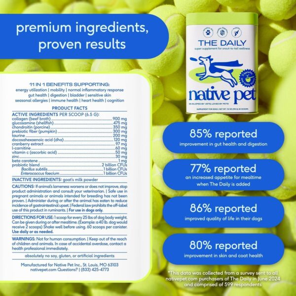 Native Pet Dog Vitamins & Supplements - 11-in-1 Multivitamin Powder for Dogs Food Topper - Collagen, Glucosamine, Probiotics, Omega & More- Supports Healthy Gut, Mobility & Overall Health -60 Scoops - Image 6