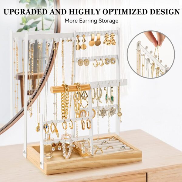 DreamGenius Jewelry Organizer Stand with Velvet Ring Holder, 4 Tier Jewelry Holder Organizer with 11 Hooks for Necklaces and 132 Holes for Earrings, White - Image 6