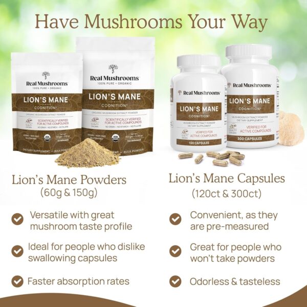 Real Mushrooms Lion’s Mane Capsules - Organic Lions Mane Mushroom Extract for Cognitive Function & Immune Support - Brain Mushroom Supplements for Memory and Focus - Vegan, 300 Caps - Image 6
