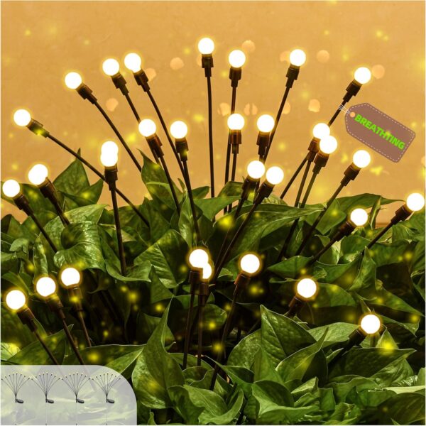 4 Pack Solar Firefly Lights, Upgraded 8 LED, Solar Garden Lights, Warm Light, Floral Theme, Outdoor Waterproof, Breathing Mode, High Flexibility, Perfect for Patio, Yard, Path