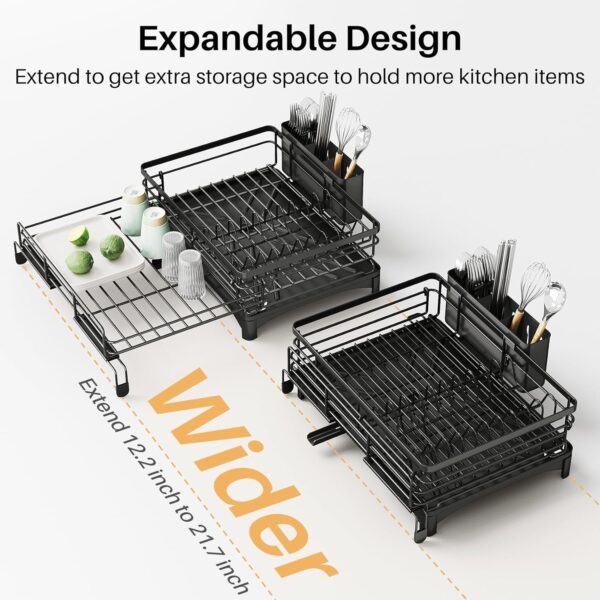 Dish Drying Rack - Extendable Dish Rack, Large Sink Drying Dish Drainer for Kitchen Counter, Stainless Steel Dish Strainer with Utensil Holder (Black) - Image 4