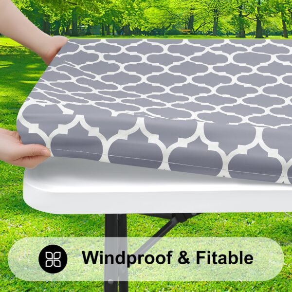 Smiry Rectangle Picnic Table Cover, Waterproof Elastic Fitted Camping Tablecloths for 6 Foot Tables, Wipeable Flannel Backed Vinyl Tablecloth Protector for Indoor, Outdoor (Grey, 30x72 Inches) - Image 2