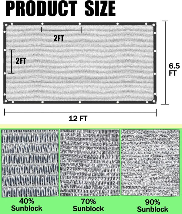 40% Aluminum Foil Shade Cloth with Grommets,6.5 FT x 12 FT，Silver Tarps Fabric Privacy Screen Pet Shade Car Cover Patio Garden Pergola Cover Canopy, Come with Ball Bungee Aluminum Shade Net - Image 6