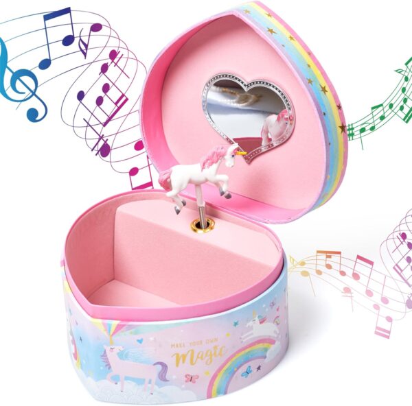 Jewelkeeper Music Jewelry Box for Girls - Sturdy Plastic with Fancy Mirror Twirling Unicorn Figurine and Flocked Lining - Kids Jewelry Box for Secrets and Keepsakes - Heart Shaped Unicorn Print