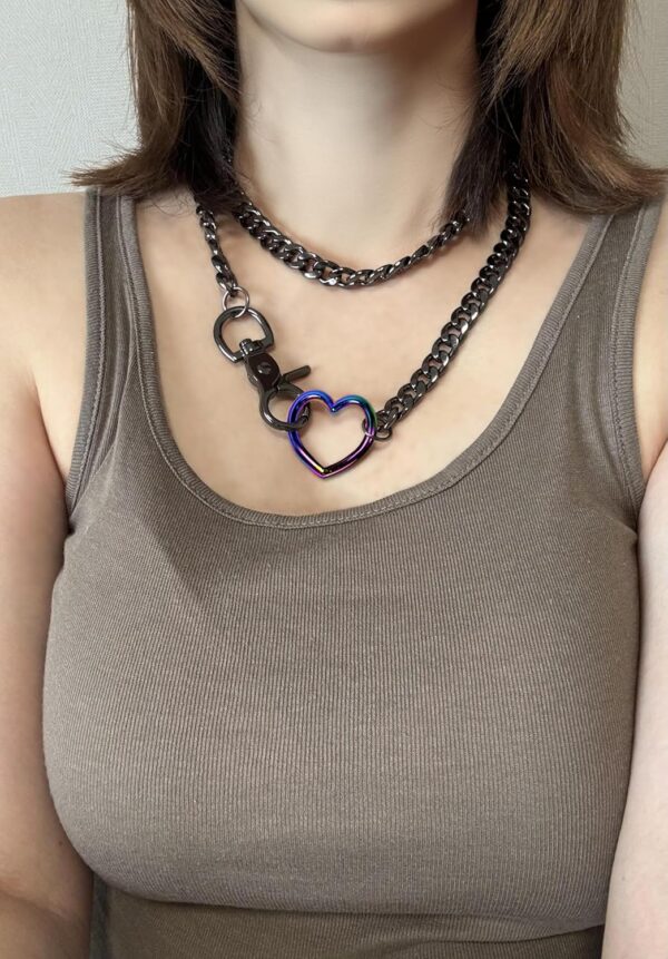 paloli Women's Slip Chain Rainbow Heart O-Ring Chunky Chain Necklace, Rays Cuban Long Layered Jewelry, Adjustable Lariat Y-Necklace Heart Loop Choker - Image 3