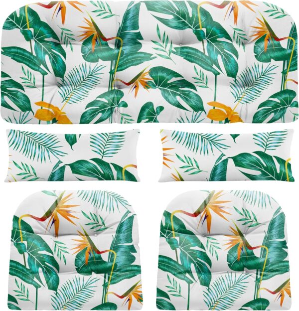 Wicker Chair Cushions of 5 Pieces, Waterproof Outdoor Loveseat Cushion for Wicker Furniture, 1 Love Seat Cushion, 2 U-Shape and 2 Lumbar Pillows for Patio Furniture (Yellow Leaf)