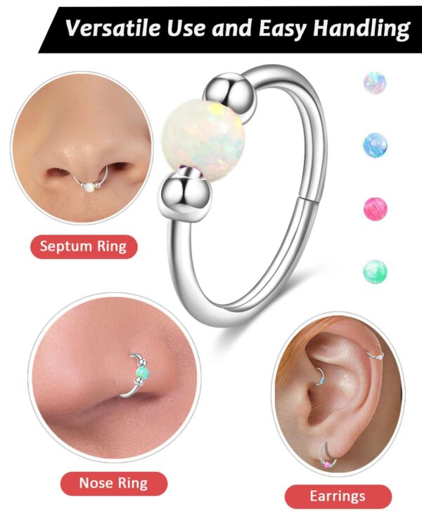 2 Pcs Small Cartilage Hoop Earrings for Women Men, 18G Opal Silver Earrings Hypoallergenic 316L Surgical Steel Hinge Huggie Hoop Earrings for Helix,Tragus,Conch,Rook,Earlobe Piercing Jewelry Nose Ring - Image 3