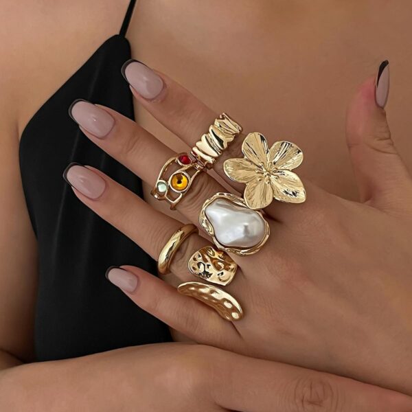6PCS Chunky Gold Rings for Women Non Tarnish Statement Silver Rings Set Pearl Flower Rings for Women Stackable Knuckle Ring Chunky Jewelry - Image 4