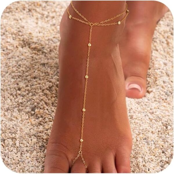 Dainty Gold Anklet for Women - Trendy 14K Gold Plated Ankle Bracelets Adjustable Bead Link Chain Waterproof Pearl CZ Anklets Non Tarnish Foot Jewelry Gift