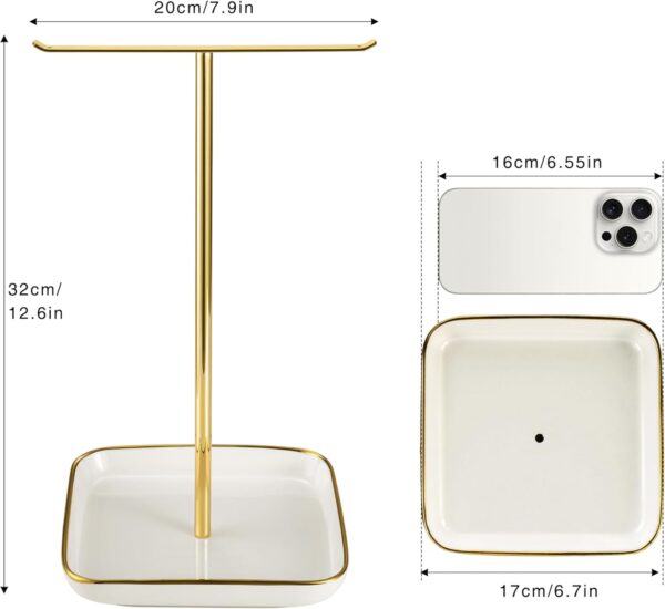 Jewelry Holder Stand with Ceramic Base: 12" Tall Necklace Organizer Rack, Tree Design Display Storage for Necklaces, Bracelets, Rings, Earrings, Aesthetic Room Décor for Girls and Women, Gold - Image 7