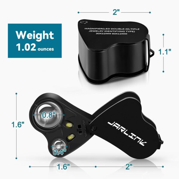 JARLINK 30X 60X Illuminated Jewelers Loupe Magnifier, Foldable Jewelry Magnifier with Bright LED Light for Gems, Jewelry, Coins, Stamps, etc - Image 7