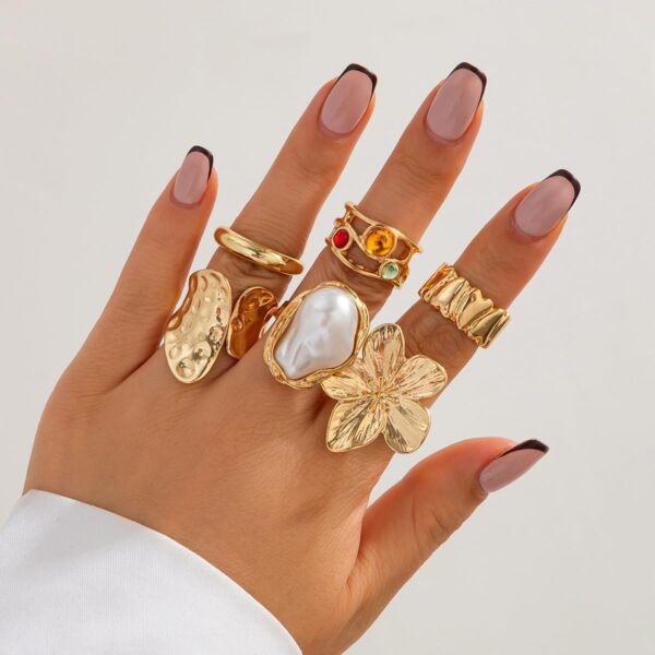 6PCS Chunky Gold Rings for Women Non Tarnish Statement Silver Rings Set Pearl Flower Rings for Women Stackable Knuckle Ring Chunky Jewelry - Image 8