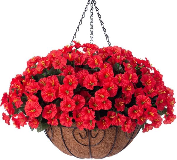 Artificial Fake Hanging Flowers Plants Basket for Outdoor Spring Summer Decoration, Faux Silk Flowers Outside Look Real Morning Glory UV Resistant for Porch Patio Balcony Garden Yard Home Red