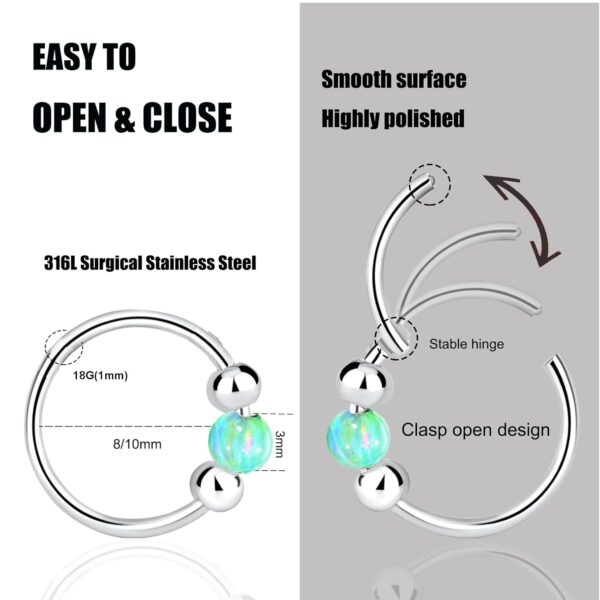 2 Pcs Small Cartilage Hoop Earrings for Women Men, 18G Opal Silver Earrings Hypoallergenic 316L Surgical Steel Hinge Huggie Hoop Earrings for Helix,Tragus,Conch,Rook,Earlobe Piercing Jewelry Nose Ring - Image 2