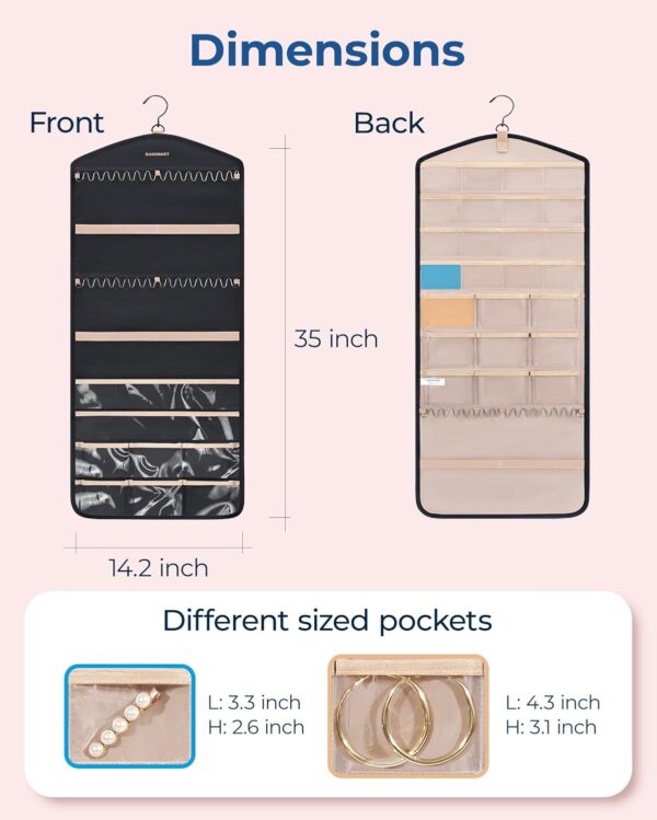 BAGSMART Hanging Jewelry Organizer with Hanger Metal Hooks Double-Sided Jewelry Holder for Organizing Earrings Necklaces Rings Perfect for in Hanging Closet, Wall, Door, 1 Piece, Large, Black - Image 6