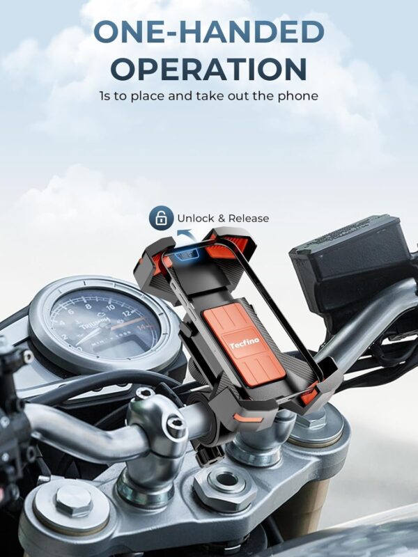 Motorcycle Phone Mount, 360° Rotatable Bike Phone Holder, 1s Lock Bike Phone Mount Handlebar Clamp, Cell Phone Holder for Bicycle Scooter, Motorcycle Accessories for 4.7"-7" Smartphones Orange - Image 7