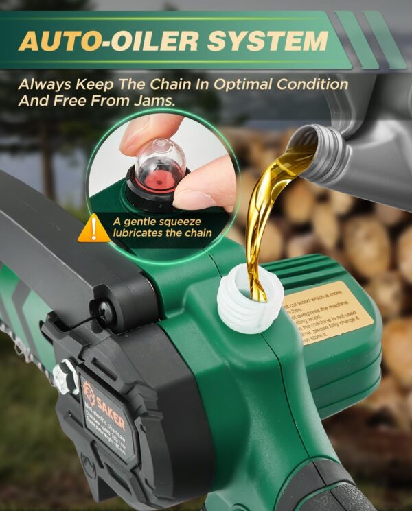 Saker Mini Chainsaw with Auto Oiler|6 Inch Chainsaws[2025 Upgraded]|Mini Cordless Electric Chain Saw|Small Handheld Portable Chainsaw Battery Powered for Tree Trimmer and Garden 2 Batteries+3 Chains - Image 2