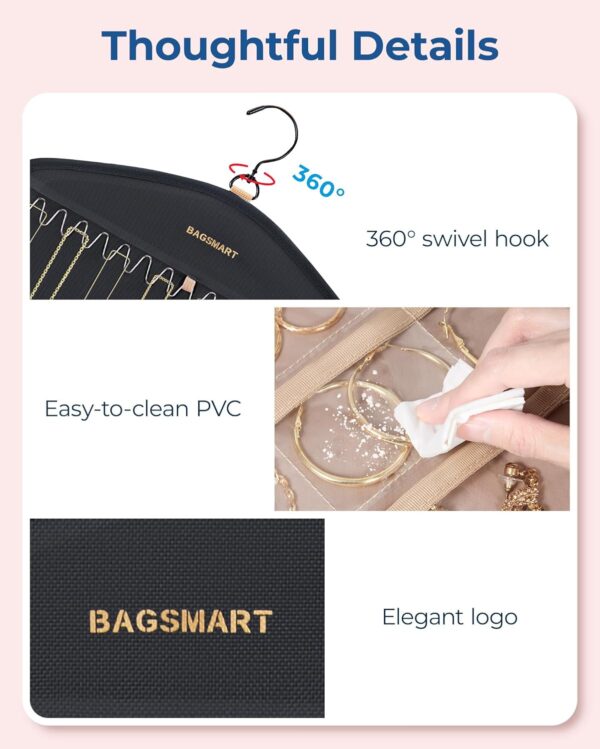 BAGSMART Hanging Jewelry Organizer with Hanger Metal Hooks Double-Sided Jewelry Holder for Organizing Earrings Necklaces Rings Perfect for in Hanging Closet, Wall, Door, 1 Piece, Large, Black - Image 5
