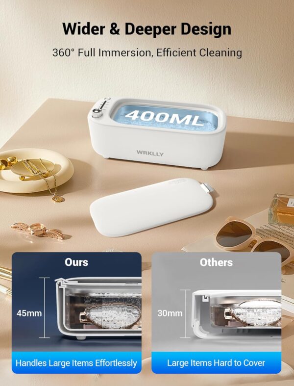 Ultrasonic Jewelry Cleaner, 50KHz 14oz Professional Ultrasonic Cleaner Machine with 4 Timer Modes,304 Stainless Steel Tank for Jewelry, Eyeglasses, Rings, Coins, Watch Strap,Dentures (White) - Image 6