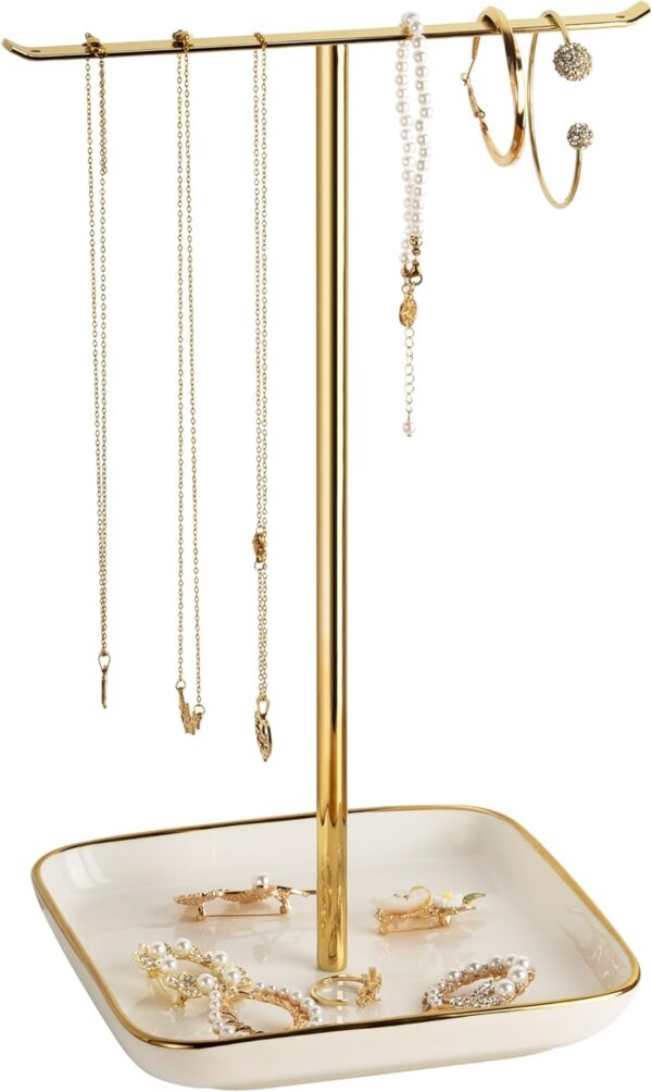 Jewelry Holder Stand with Ceramic Base: 12" Tall Necklace Organizer Rack, Tree Design Display Storage for Necklaces, Bracelets, Rings, Earrings, Aesthetic Room Décor for Girls and Women, Gold