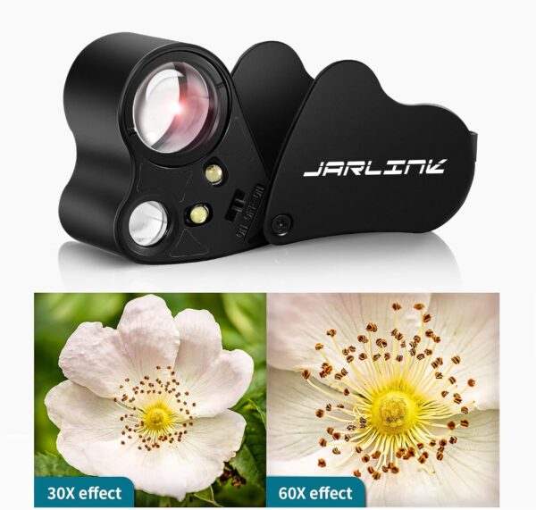 JARLINK 30X 60X Illuminated Jewelers Loupe Magnifier, Foldable Jewelry Magnifier with Bright LED Light for Gems, Jewelry, Coins, Stamps, etc - Image 3