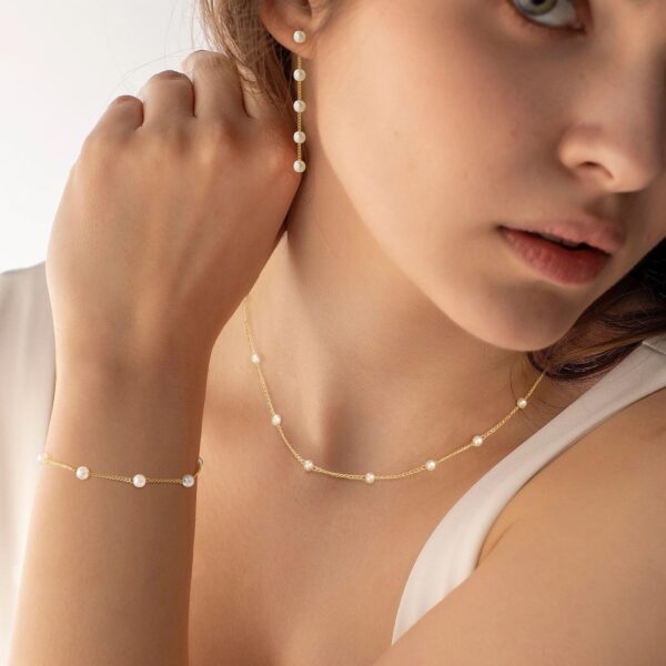 Gold Jewelry Set for Women, Dainty 14K Gold/Silver Plated Pearl Necklace and Earring Set with Drop Earrings, Bracelets, Choker Necklace - Wedding Jewelry Gift - Image 2