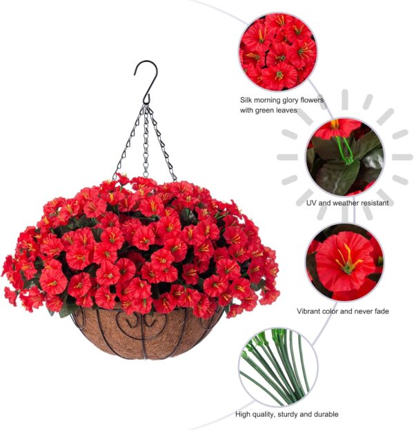 Artificial Fake Hanging Flowers Plants Basket for Outdoor Spring Summer Decoration, Faux Silk Flowers Outside Look Real Morning Glory UV Resistant for Porch Patio Balcony Garden Yard Home Red - Image 6