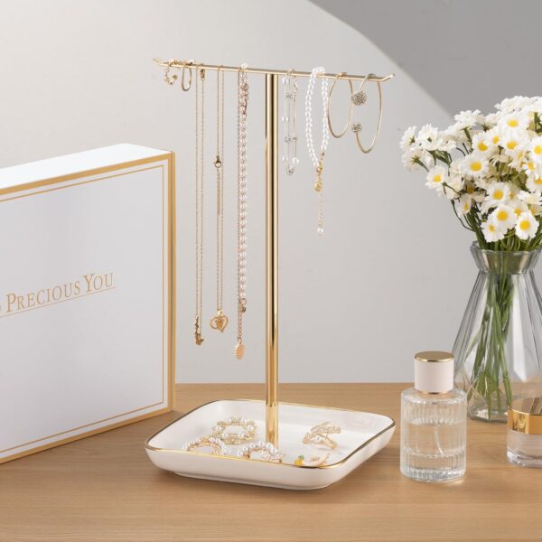 Jewelry Holder Stand with Ceramic Base: 12" Tall Necklace Organizer Rack, Tree Design Display Storage for Necklaces, Bracelets, Rings, Earrings, Aesthetic Room Décor for Girls and Women, Gold - Image 8