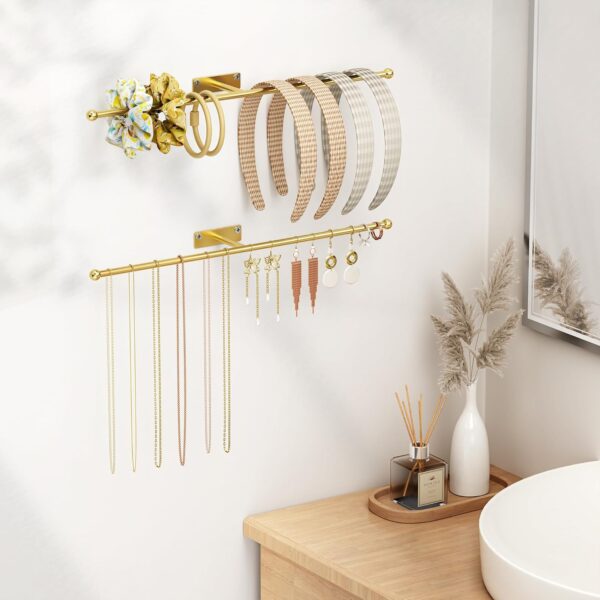 Wall Hanging Jewelry Organizer: 12.6'' Necklace Holder for Earring, Bracelet, Rings, Hairband, Glasses, Gold 2-Pack, Screws Included - Image 6