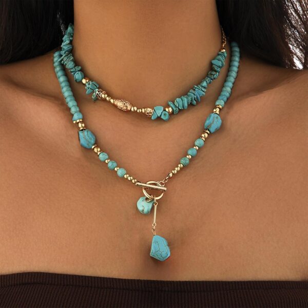 Turquoise Beaded Necklace for Women Layered Choker Necklace Gold and Turquoise Necklace Toggle Collar Handmade Western Boho Jewelry - Image 3