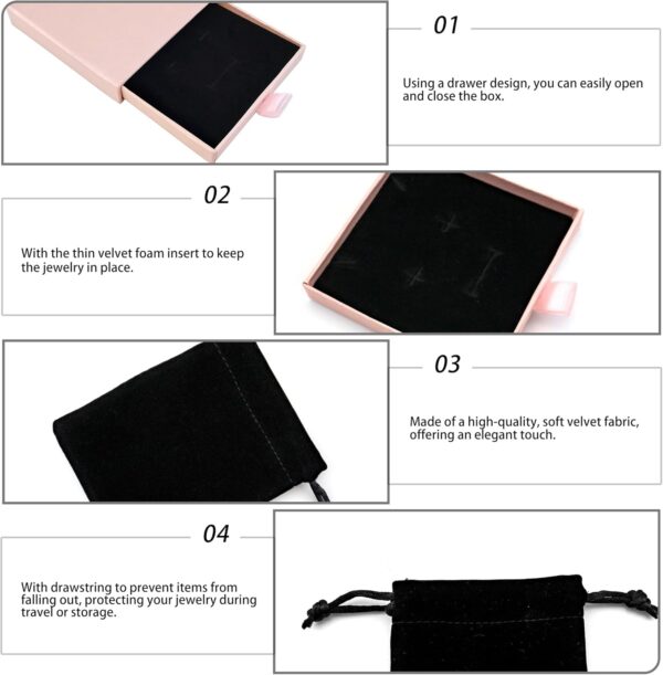 Quacc Small Jewelry Gift Box and Velvet Bag, Necklace Bracelet Earring Cardboard Organizer Square Jewellery Gift Box Pendent Storage Case for Birthday Xmas Christmas Wrapping (Pink) - Image 5
