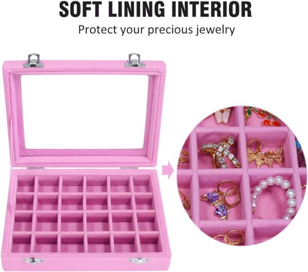 Velvet Jewelry Box 24 Grid Jewelry Ring Display Organiser Box Tray Holder Earrings Storage Case for Girls Wife Mom Women (Pink) - Image 3