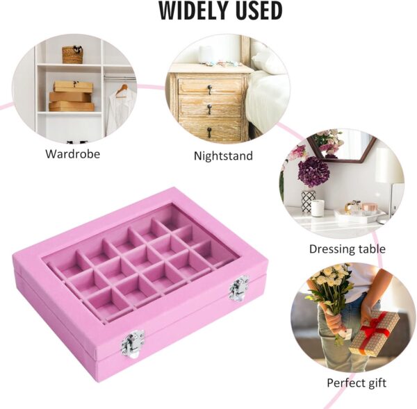 Velvet Jewelry Box 24 Grid Jewelry Ring Display Organiser Box Tray Holder Earrings Storage Case for Girls Wife Mom Women (Pink) - Image 6