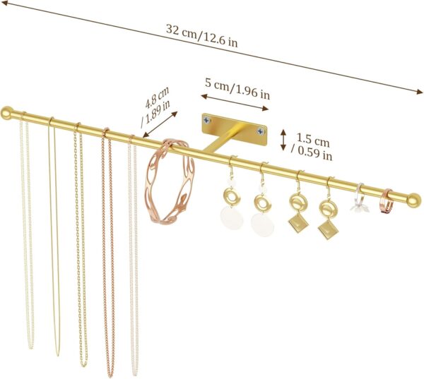 Wall Hanging Jewelry Organizer: 12.6'' Necklace Holder for Earring, Bracelet, Rings, Hairband, Glasses, Gold 2-Pack, Screws Included - Image 5