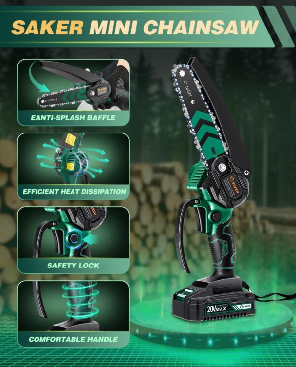 Saker Mini Chainsaw with Auto Oiler|6 Inch Chainsaws[2025 Upgraded]|Mini Cordless Electric Chain Saw|Small Handheld Portable Chainsaw Battery Powered for Tree Trimmer and Garden 2 Batteries+3 Chains - Image 6
