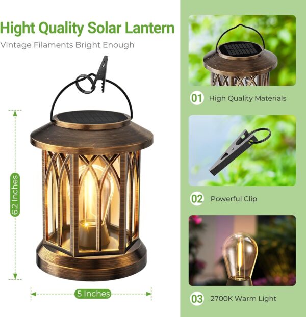 WdtPro Solar Lanterns Outdoor Lights, 4 Pack Bright Lanterns Outdoor Waterproof with Clip Patio Decor, Hanging Solar Lights for Outside Garden Yard Front Porch Table Decoration (Antique Copper) - Image 6