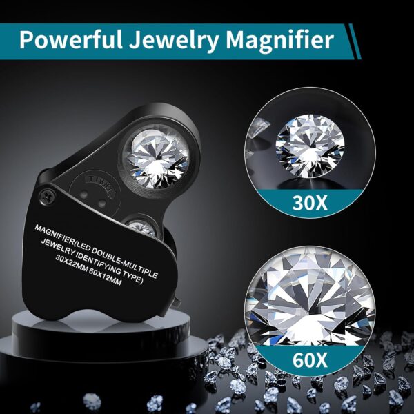 JARLINK 30X 60X Illuminated Jewelers Loupe Magnifier, Foldable Jewelry Magnifier with Bright LED Light for Gems, Jewelry, Coins, Stamps, etc - Image 2