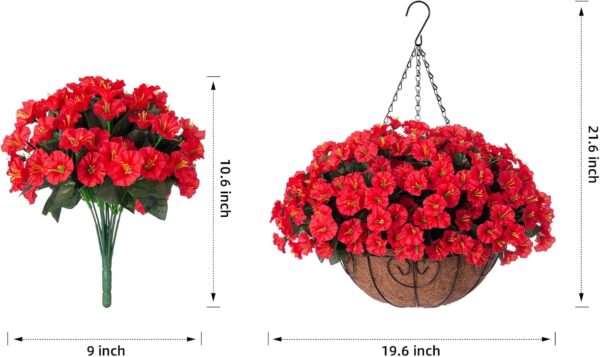 Artificial Fake Hanging Flowers Plants Basket for Outdoor Spring Summer Decoration, Faux Silk Flowers Outside Look Real Morning Glory UV Resistant for Porch Patio Balcony Garden Yard Home Red - Image 3