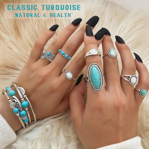 IFKM Bohemian Jewelry Set With Turquoise Necklace, Dangle Earrings, Stackable Bangle Bracelets, Knuckle Rings For Women Vintage Western Boho Turquoise Anniversary Birthday Friendship Gift - Image 4
