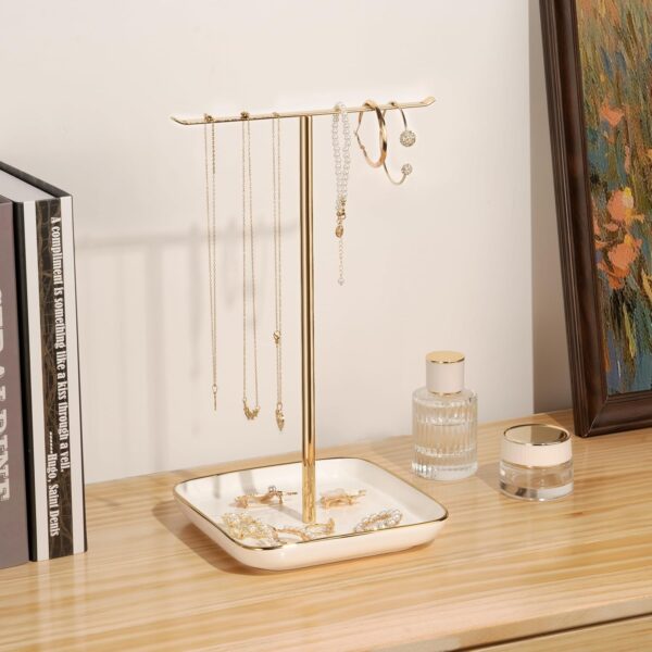 Jewelry Holder Stand with Ceramic Base: 12" Tall Necklace Organizer Rack, Tree Design Display Storage for Necklaces, Bracelets, Rings, Earrings, Aesthetic Room Décor for Girls and Women, Gold - Image 2