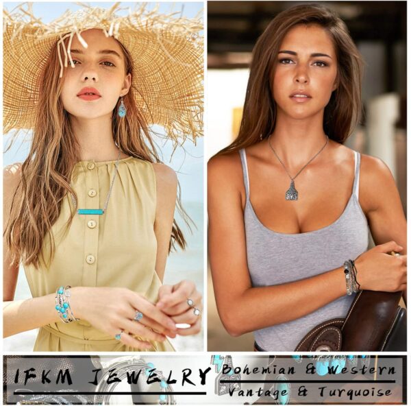 IFKM Bohemian Jewelry Set With Turquoise Necklace, Dangle Earrings, Stackable Bangle Bracelets, Knuckle Rings For Women Vintage Western Boho Turquoise Anniversary Birthday Friendship Gift - Image 2